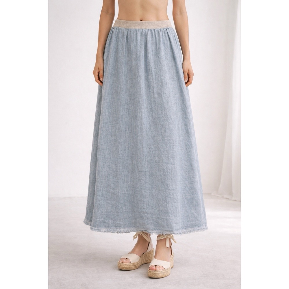 Tempo Paris Linen Maxi Skirt Denim Blue Frayed Hem Italy Elastic Waist  Sz M